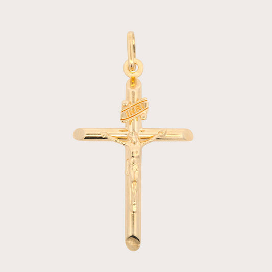 14K Yellow Gold Small Tube Cross with Christ Pendant