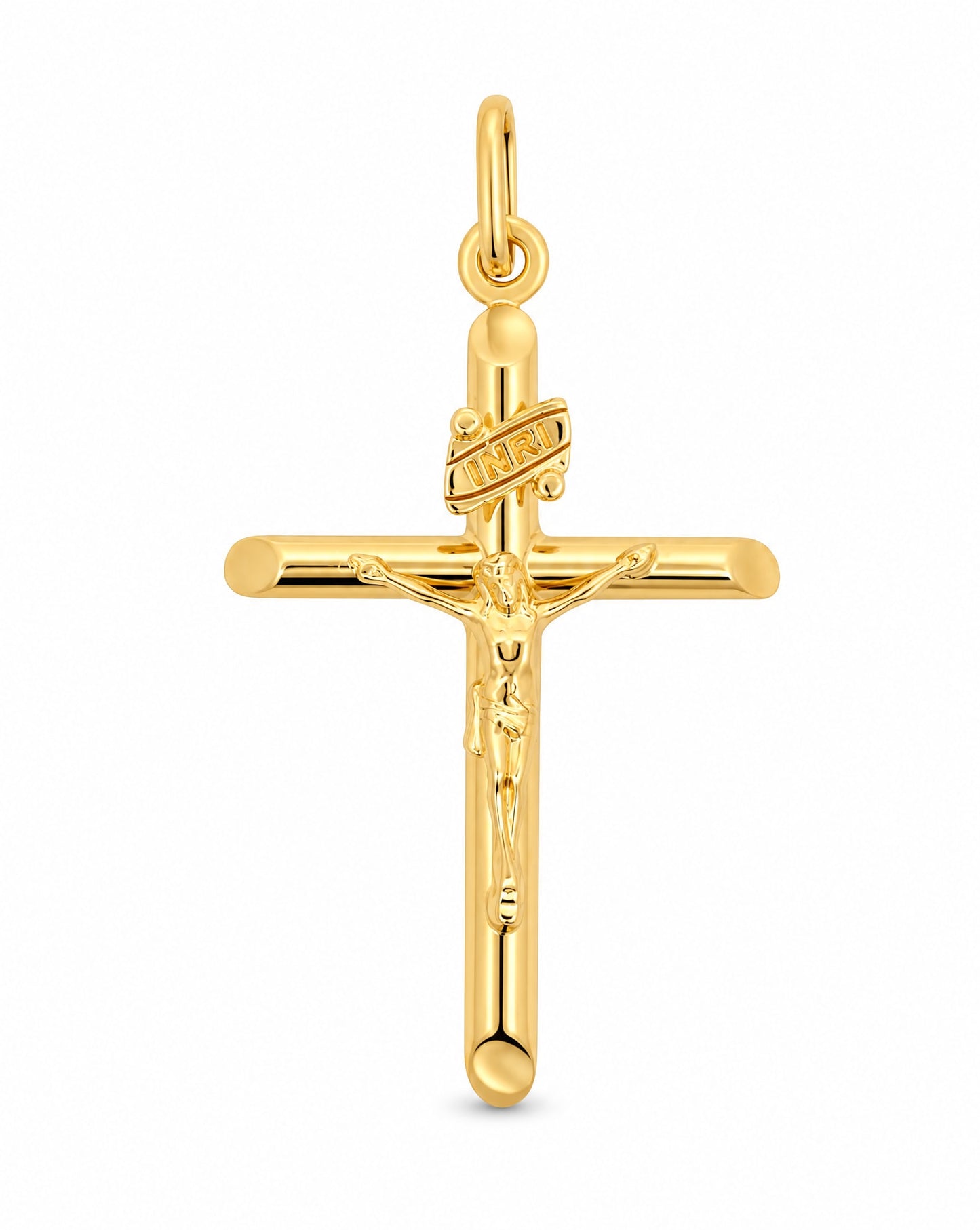 14K Yellow Gold Small Tube Cross with Christ Pendant