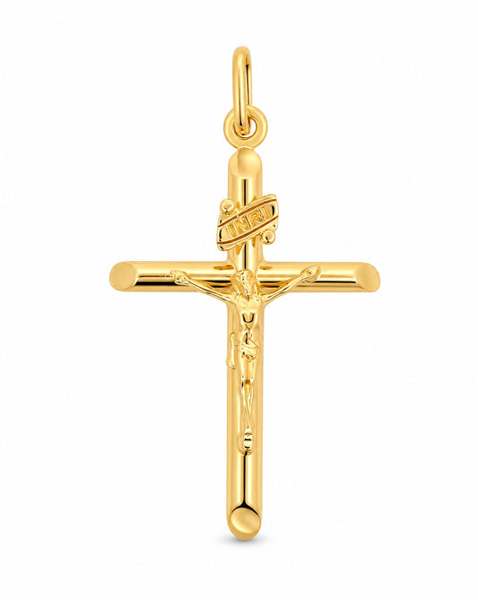 14K Yellow Gold Small Tube Cross with Christ Pendant
