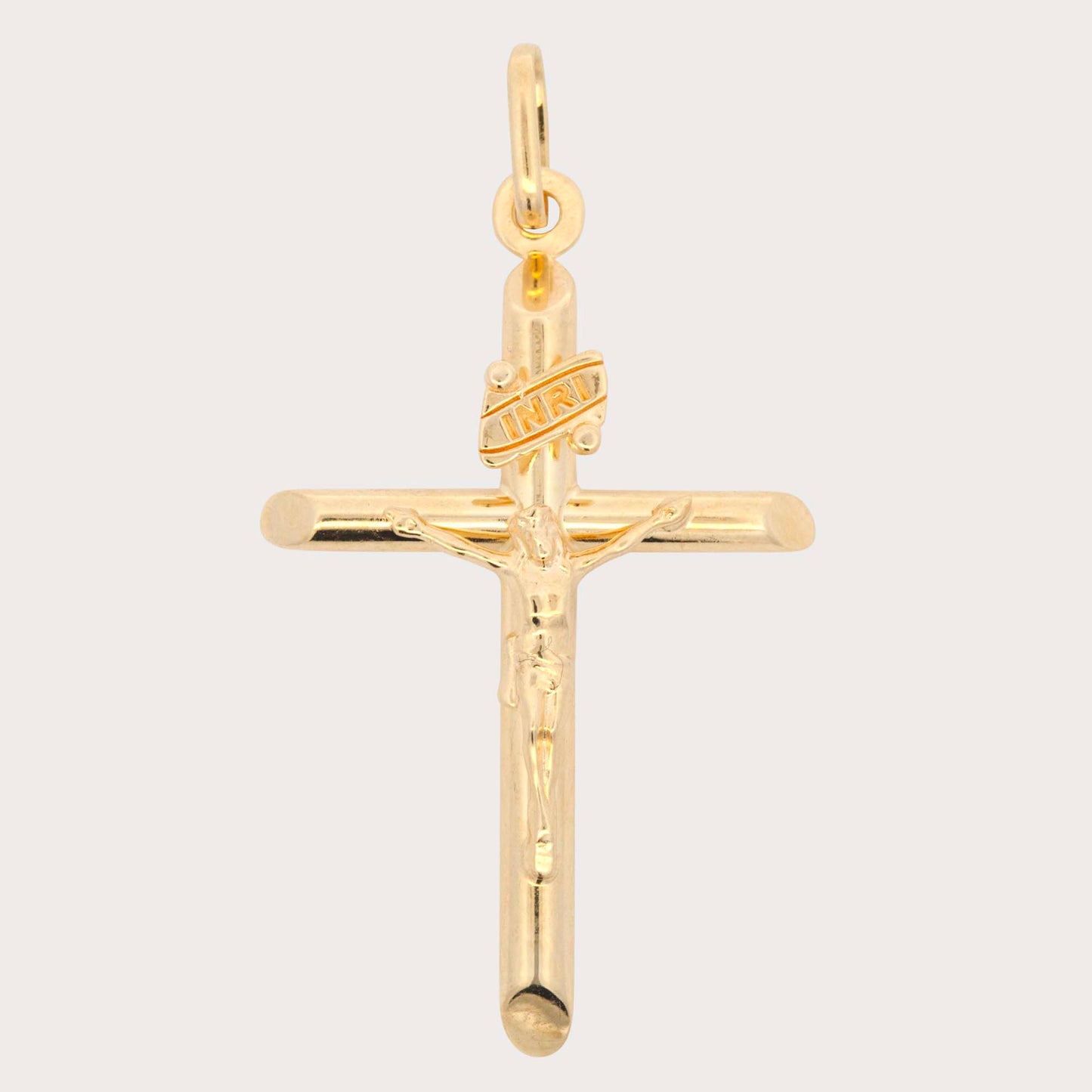 14K Yellow Gold Large Tube Cross with Christ Pendant