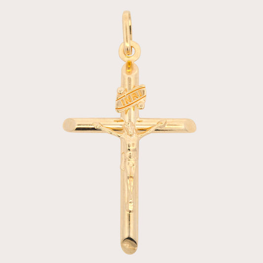 14K Yellow Gold Large Tube Cross with Christ Pendant