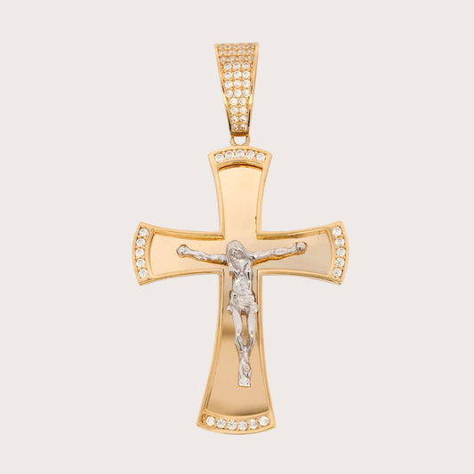14K Two-Tones Gold Small CZ Cross with Christ Pendant
