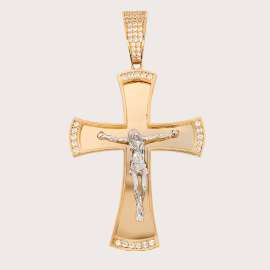 14K Two-Tones Gold Medium CZ Cross with Christ Pendant