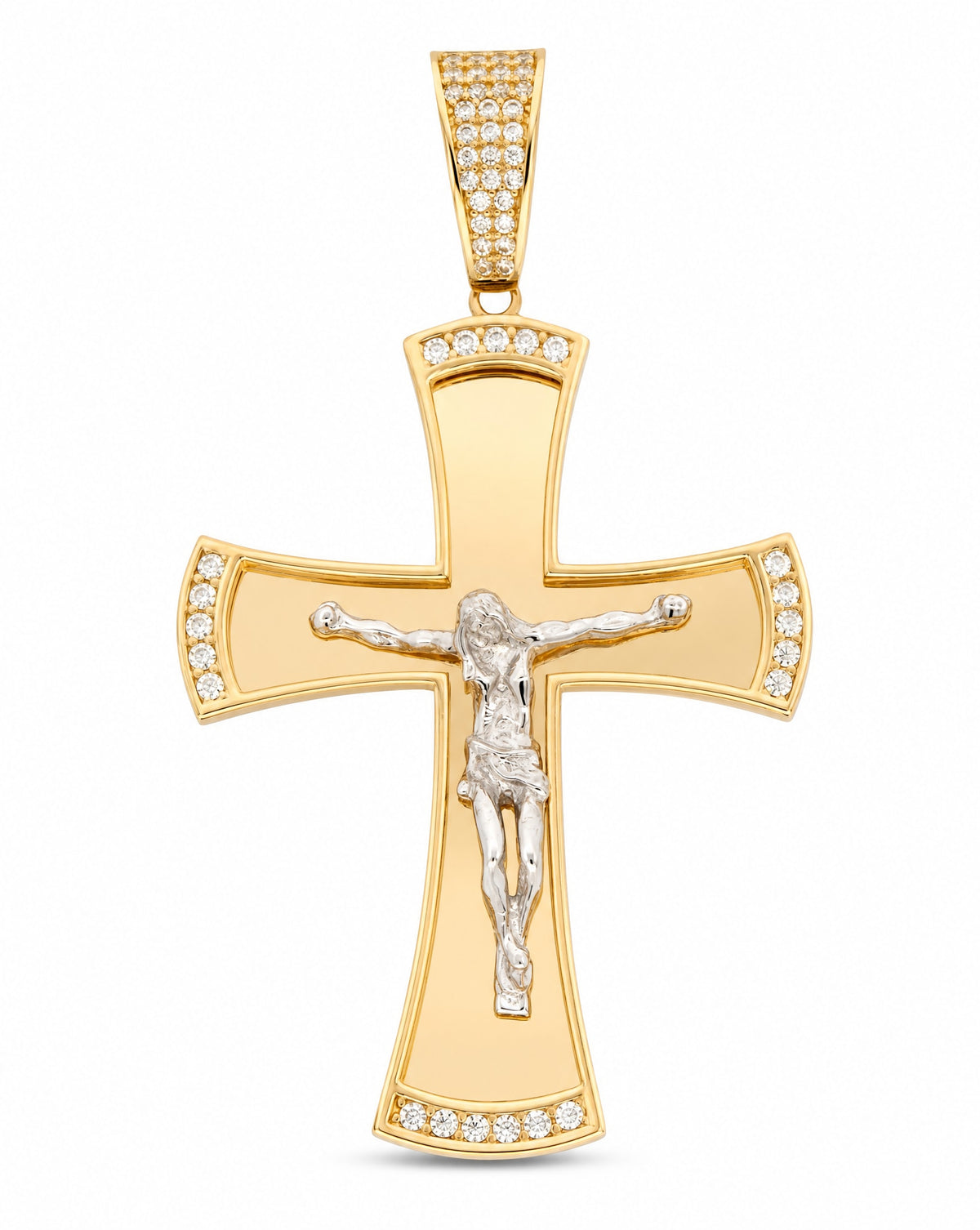 14K Two-Tones Gold Medium CZ Cross with Christ Pendant