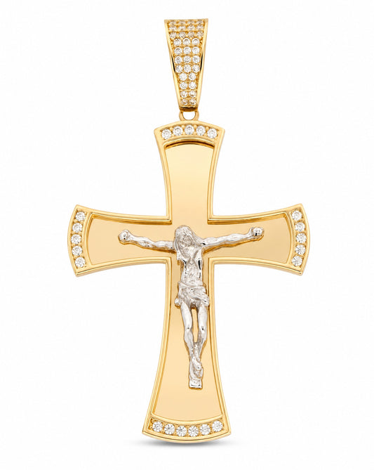 14K Two-Tones Gold Medium CZ Cross with Christ Pendant