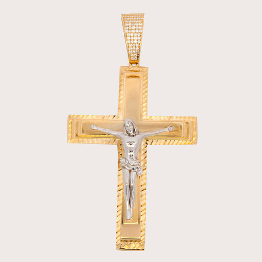 14K Two-Tones Gold Detailed Cross with Christ and CZ Accents Pendant