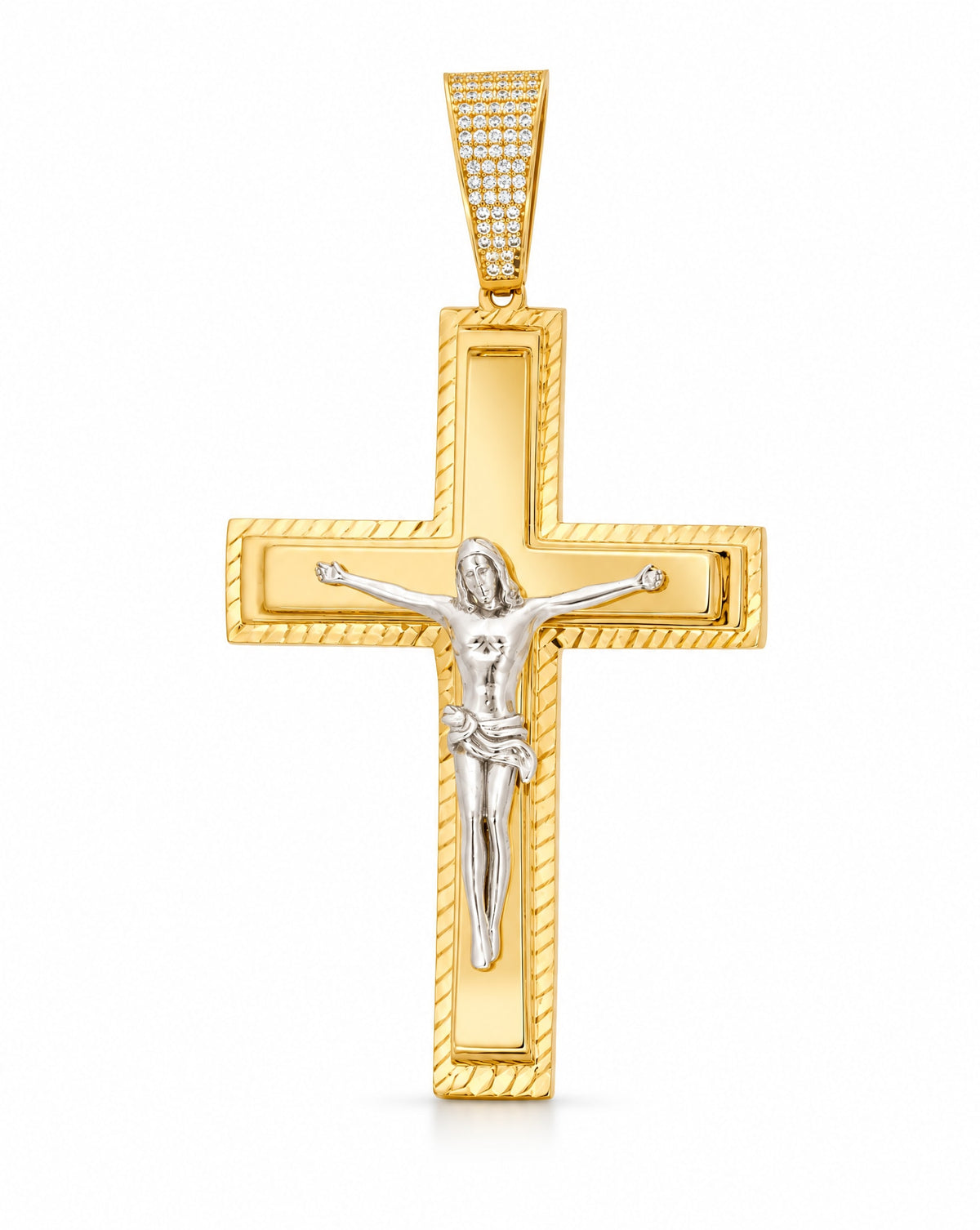 14K Two-Tones Gold Detailed Cross with Christ and CZ Accents Pendant
