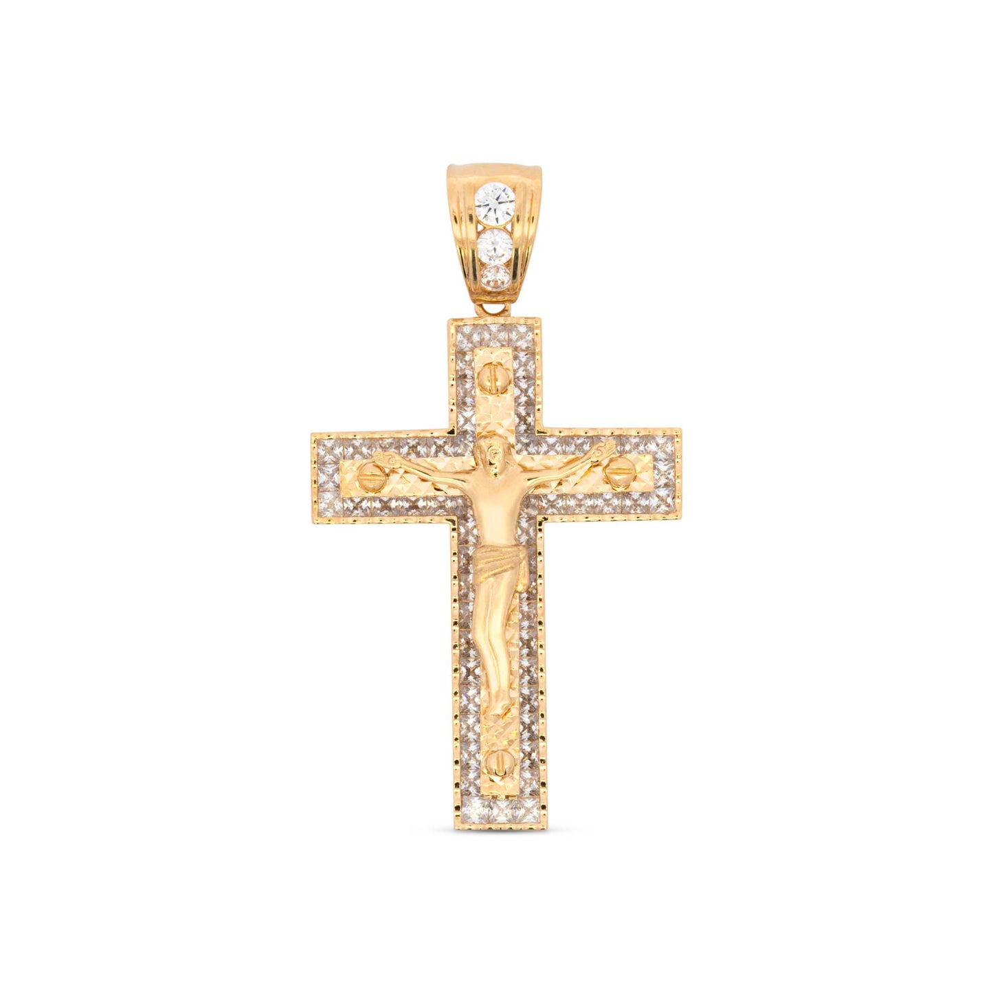 14K Yellow Gold CZ Border Cross with Christ Pendant