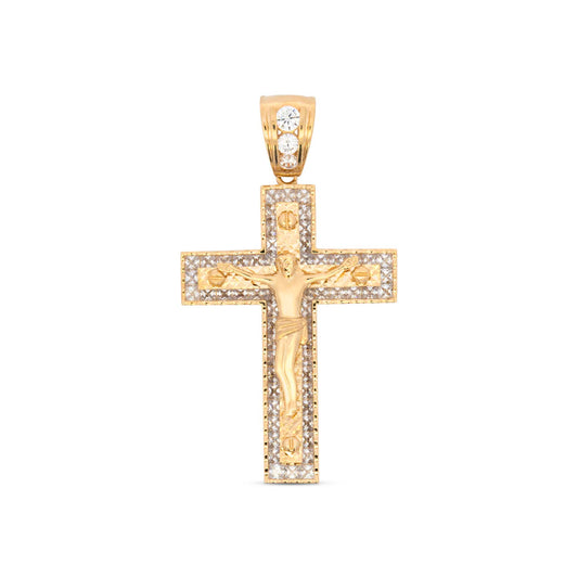 14K Yellow Gold CZ Border Cross with Christ Pendant