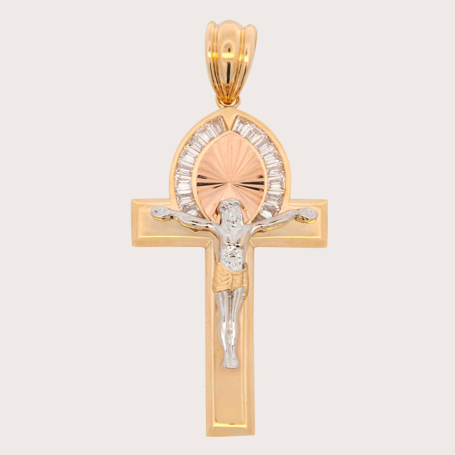14K Tri-Color Gold CZ Baguette Halo Cross with Christ Pendant