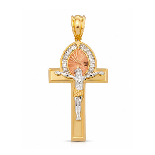 14K Tri-Color Gold CZ Baguette Halo Cross with Christ Pendant