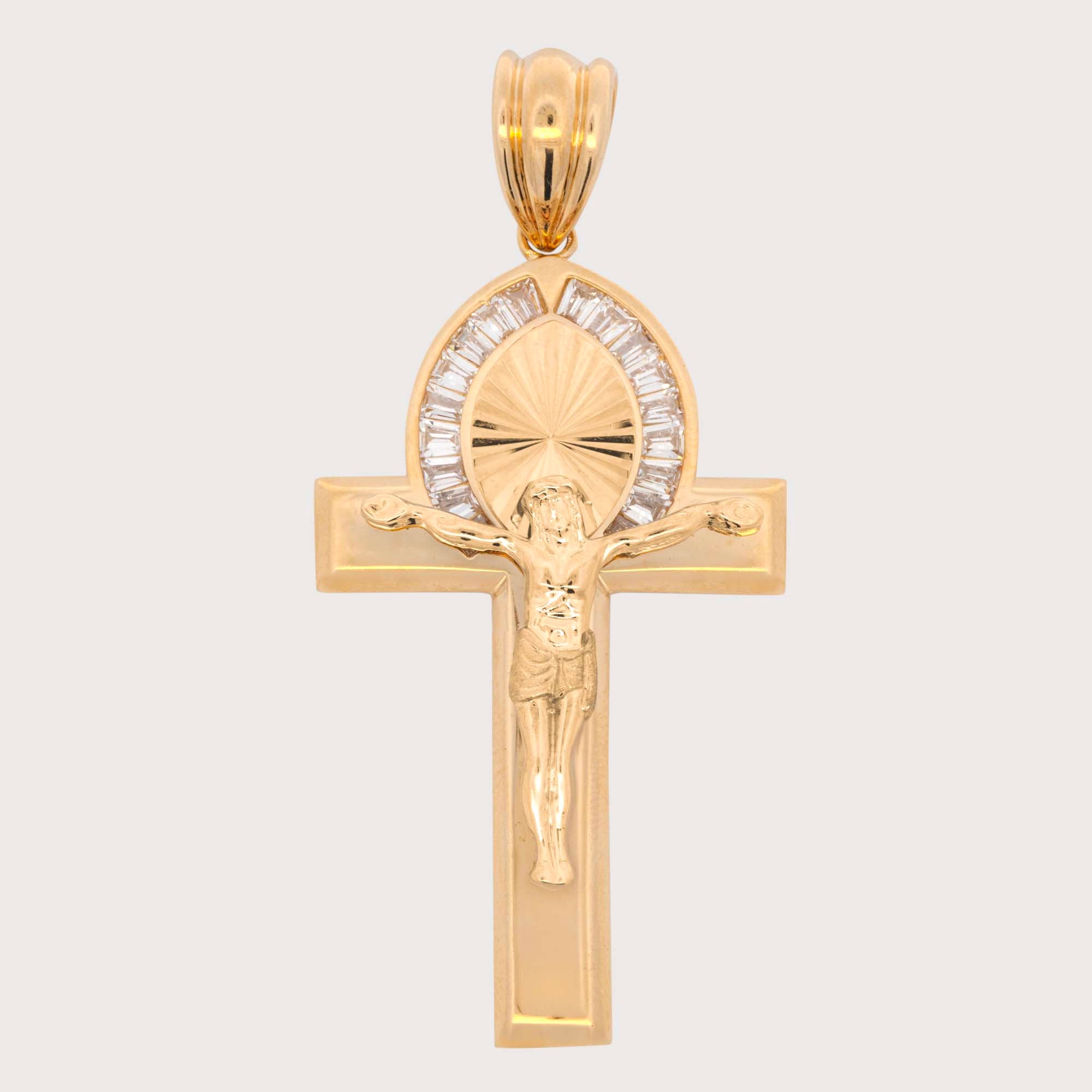14K Yellow Gold CZ Baguette Halo Cross with Christ Pendant – Primavera ...