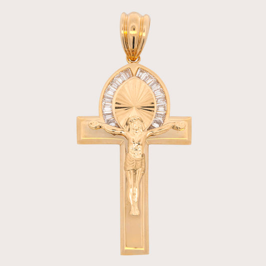 14K Yellow Gold CZ Baguette Halo Cross with Christ Pendant