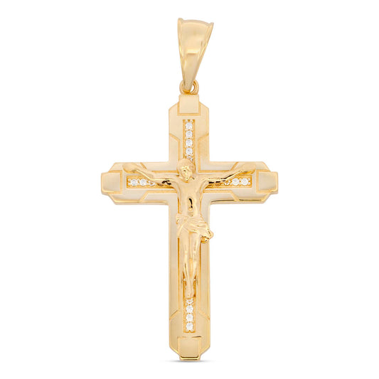 14K Yellow Gold CZ Detailed Cross with Christ Pendant