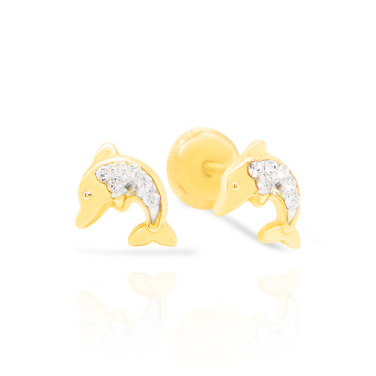 14K Yellow Gold Dolphin Crystal Screwback Earrings