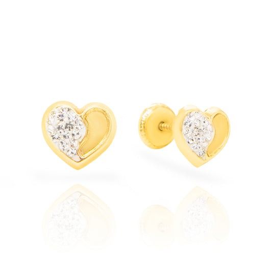 14K Yellow Gold Half Heart Crystal Screwback Earrings