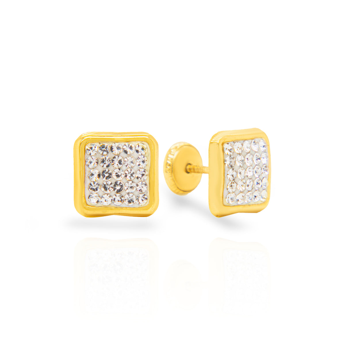 14K Yellow Gold Crystal Square Stud Screwback Earrings