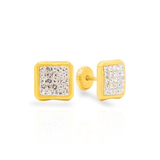 14K Yellow Gold Crystal Square Stud Screwback Earrings