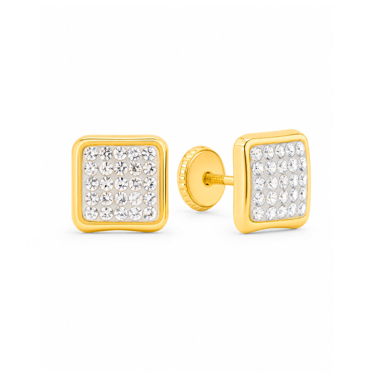 14K Yellow Gold Crystal Square Stud Screwback Earrings