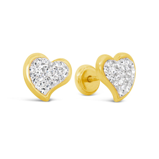 14K Yellow Gold Curved Heart Crystal Screwback Earrings