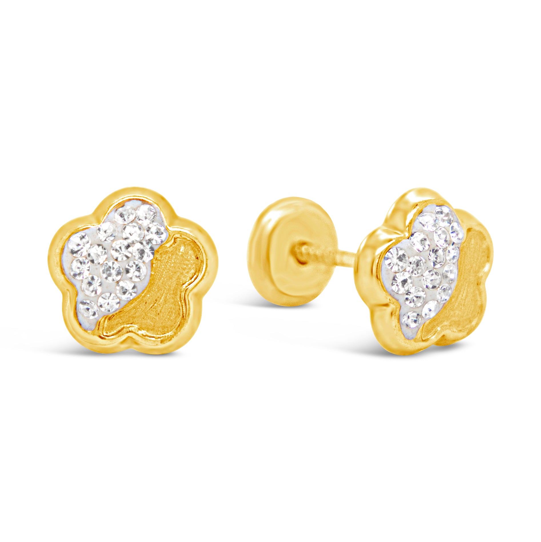 14K Yellow Gold Half Flower Crystal Screwback Earrings