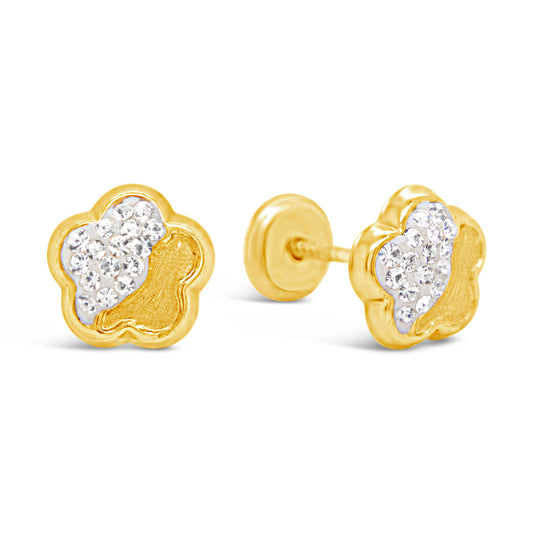 14K Yellow Gold Half Flower Crystal Screwback Earrings