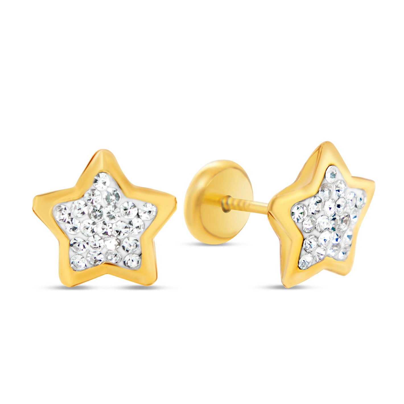 14K Yellow Gold Star Crystal Screwback Earrings