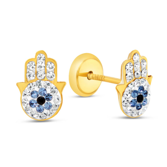 14K Yellow Gold Hamsa Crystal Screwback Earrings
