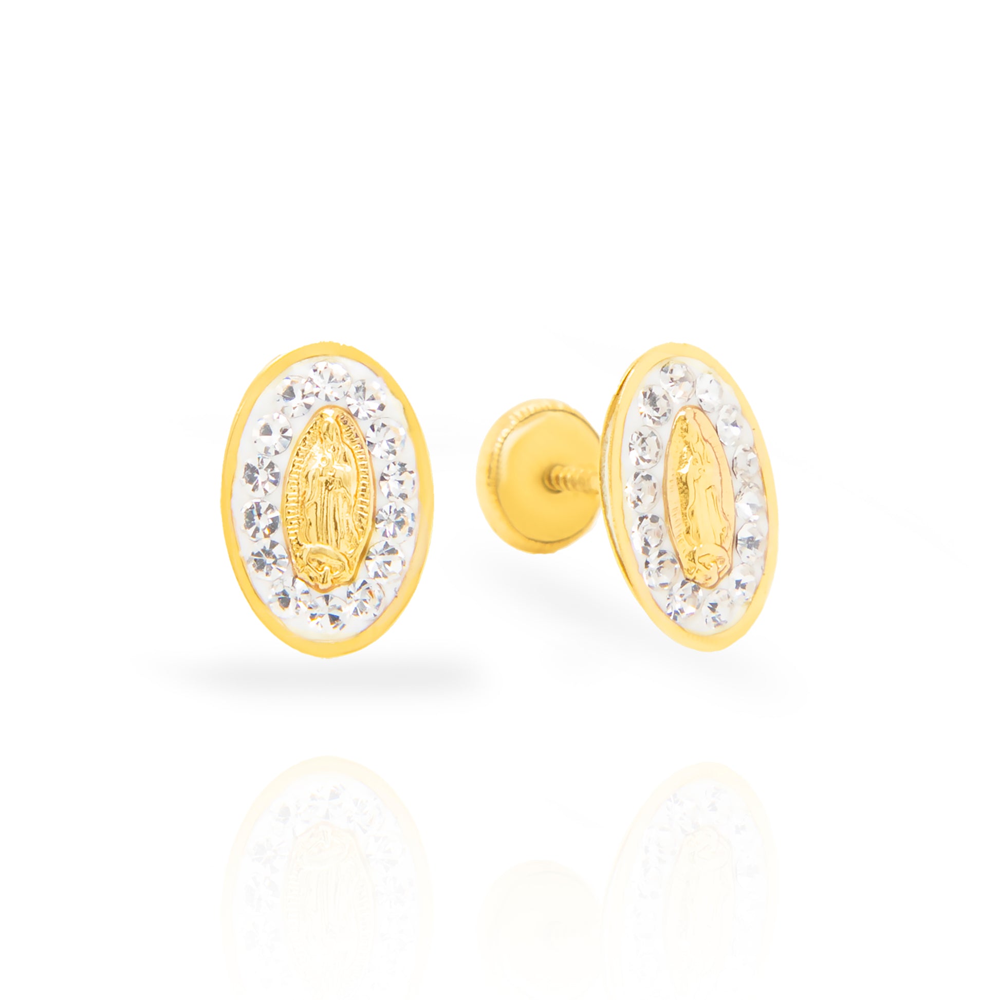 14K Yellow Gold Guadalupe Virgin Crystal Screwback Earrings