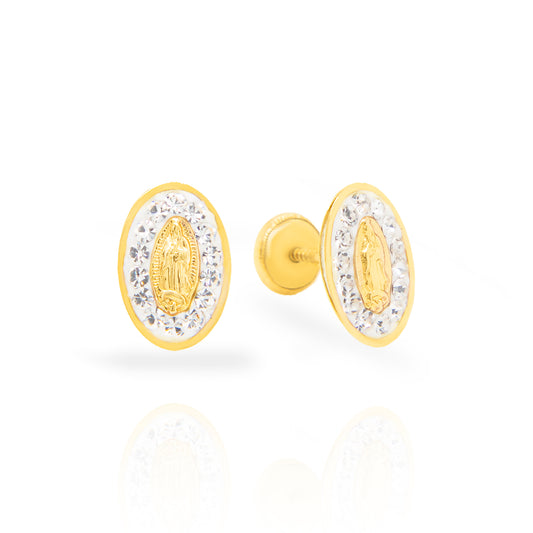 14K Yellow Gold Guadalupe Virgin Crystal Screwback Earrings