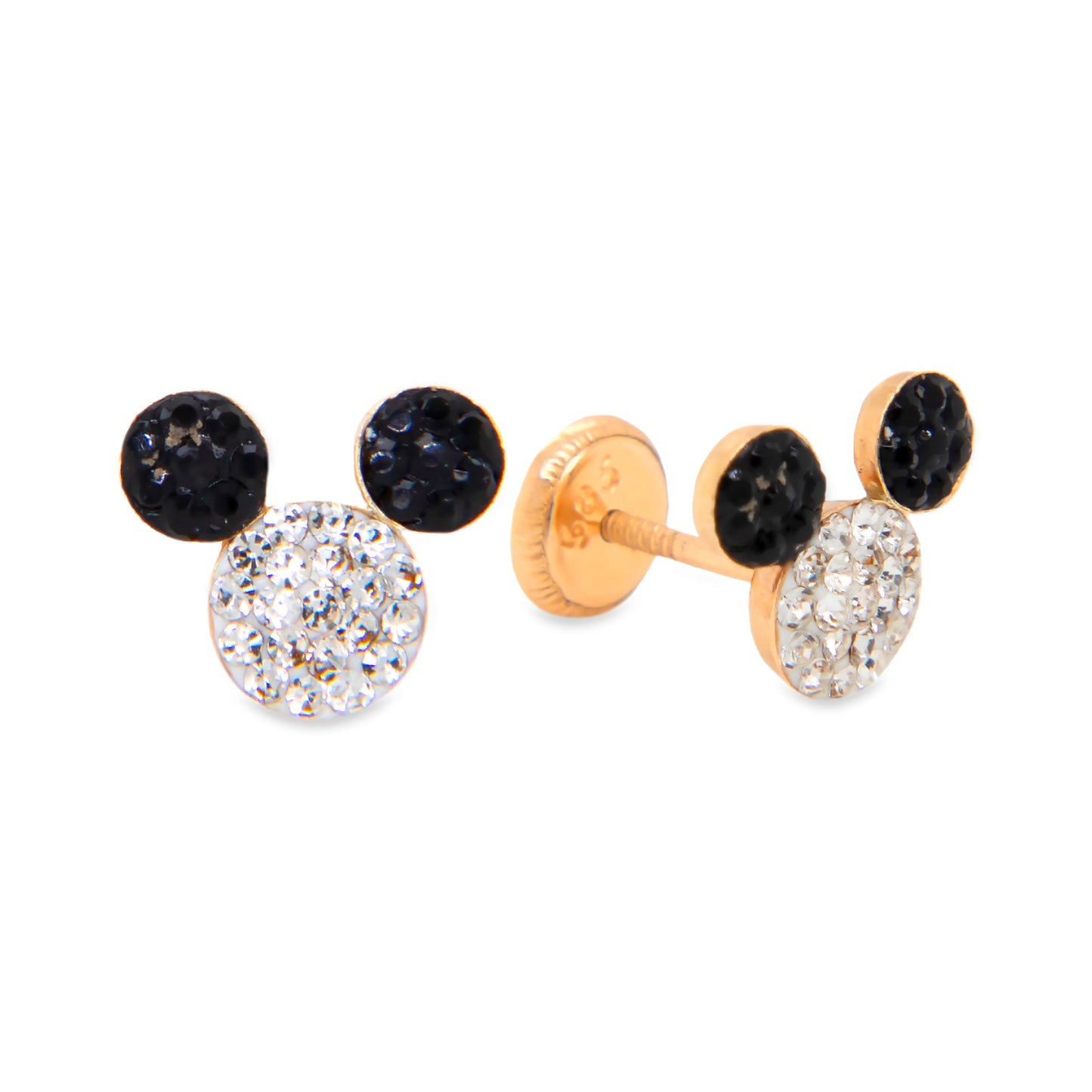 14K Yellow Gold Black and White Mouse Ears Crystal Screwback Earrings