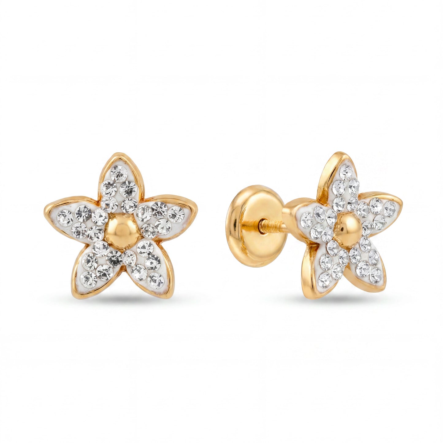 14K Yellow Gold Crystal Flower Stud Screwback Earrings