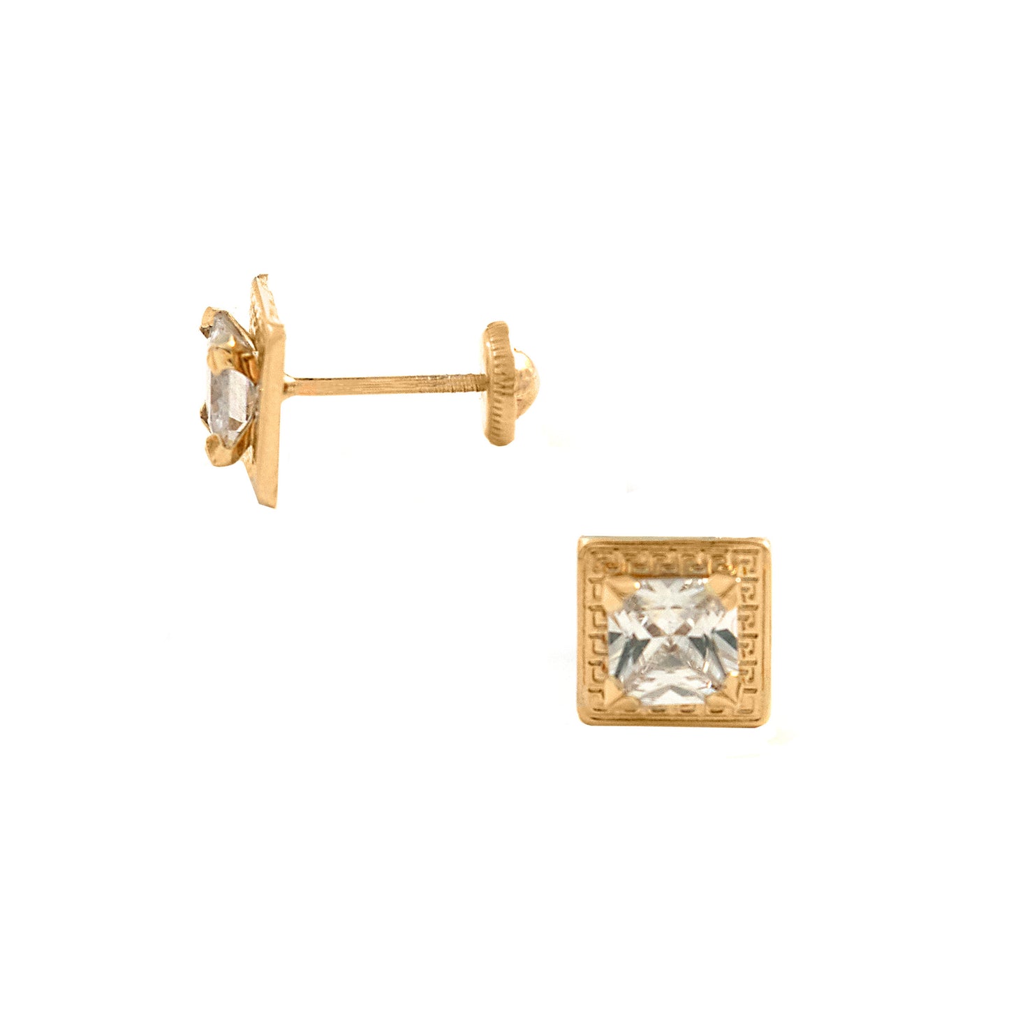 14K Yellow Gold 5MM Square CZ Textured Border Stud Screwback Earrings