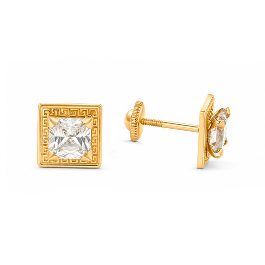 14K Yellow Gold 5MM Square CZ Textured Border Stud Screwback Earrings