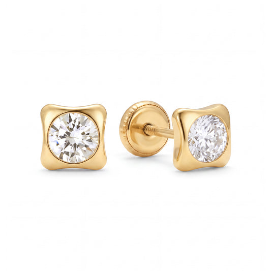 14K Yellow Gold 3MM White Bezel Set CZ Studs Rounded Square Screwback Earrings