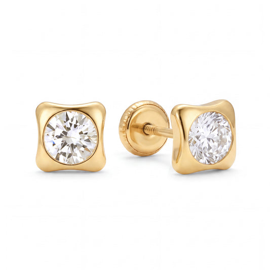 14K Yellow Gold 4MM White Bezel Set CZ Studs Rounded Square Screwback Earrings