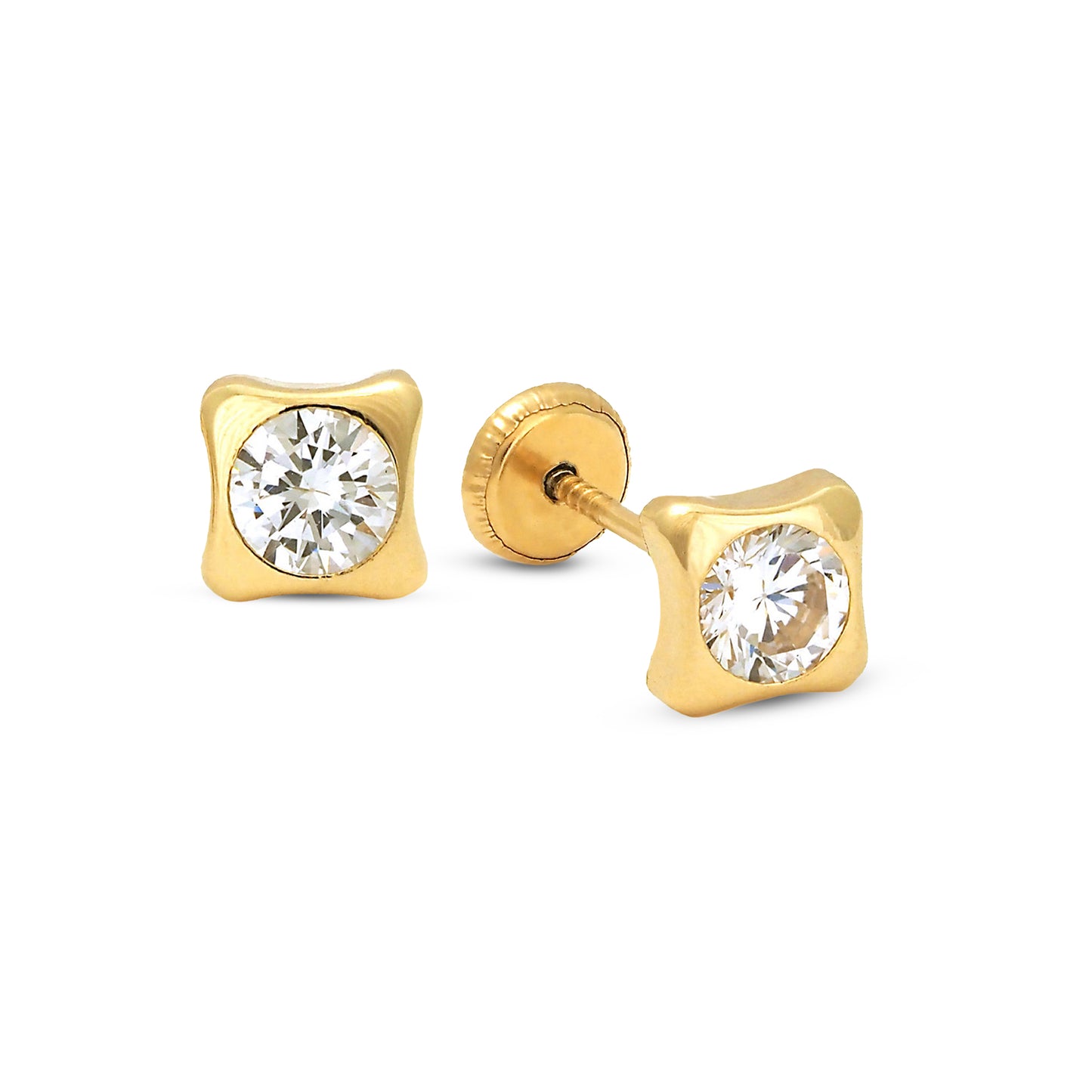 14K Yellow Gold 5MM White Bezel Set CZ Studs Rounded Square Screwback Earrings