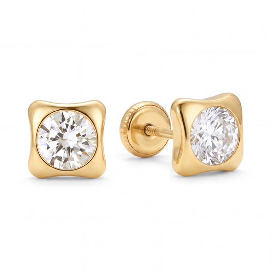 14K Yellow Gold 5MM White Bezel Set CZ Studs Rounded Square Screwback Earrings