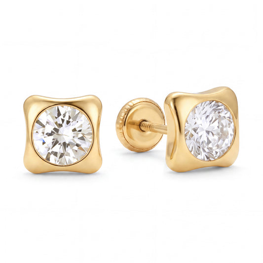 14K Yellow Gold 6MM White Bezel Set CZ Studs Rounded Square Screwback Earrings