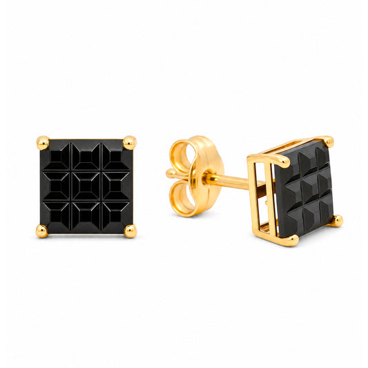 14K Yellow Gold 6MM Black Waffle CZ Stud Pushback Earrings