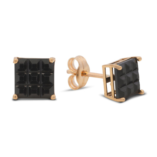 14K Yellow Gold 6MM Black Waffle CZ Stud Pushback Earrings