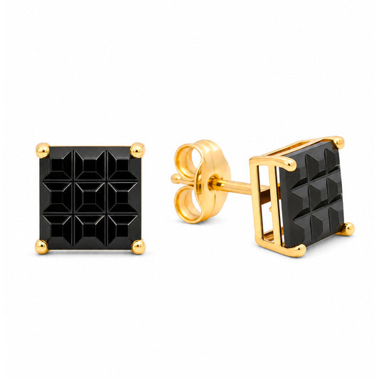 14K Yellow Gold 7MM Black Waffle CZ Stud Pushback Earrings