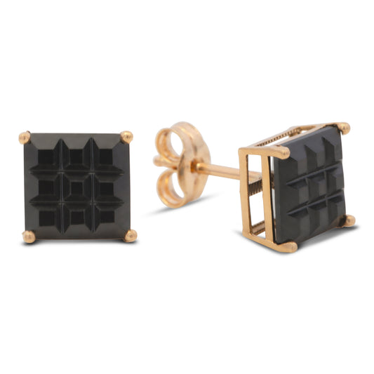 14K Yellow Gold 7MM Black Waffle CZ Stud Pushback Earrings