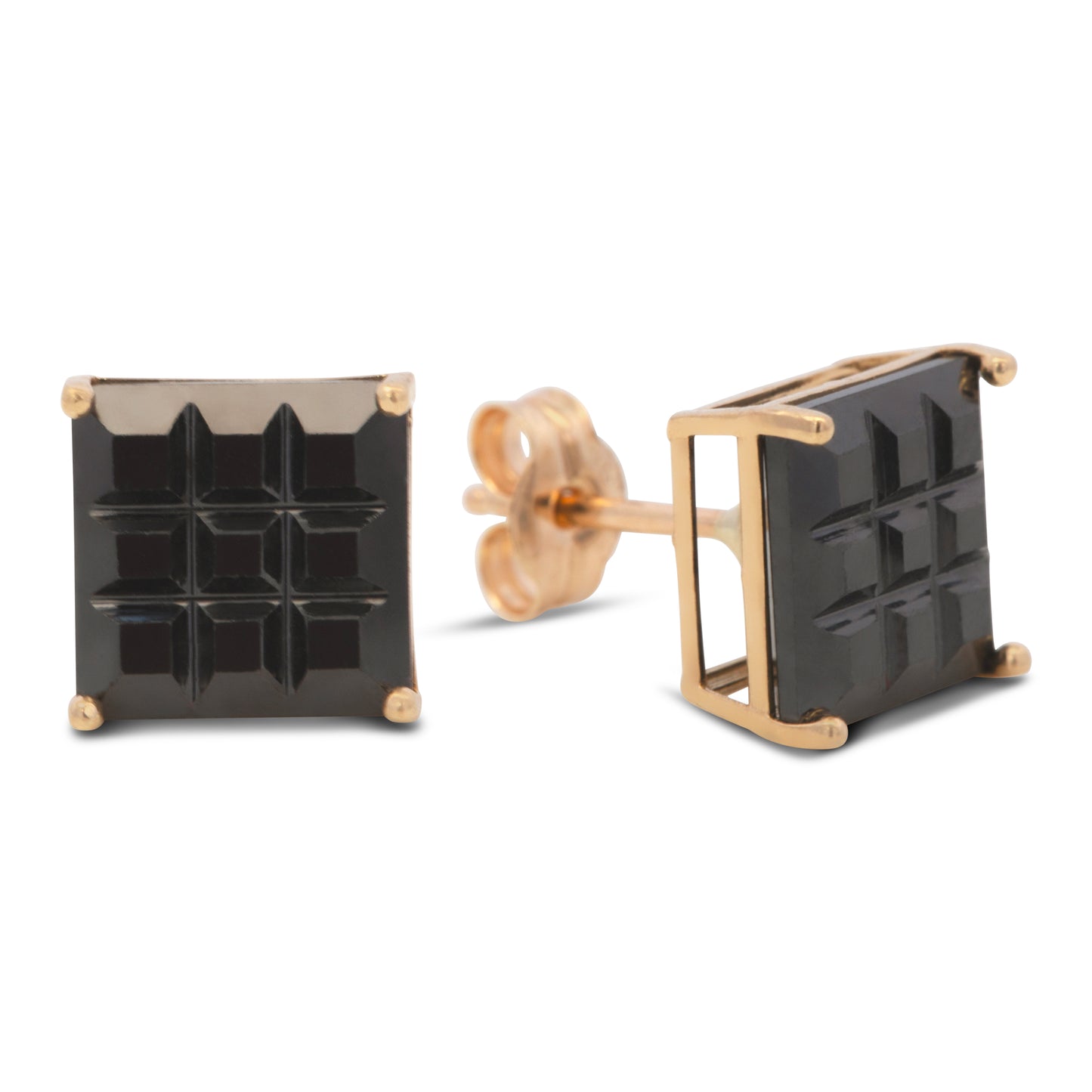 14K Yellow Gold 8MM Black Waffle CZ Stud Pushback Earrings