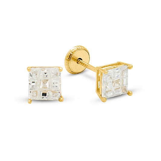 14K Yellow Gold 5MM White Waffle CZ Stud Screwback Earrings