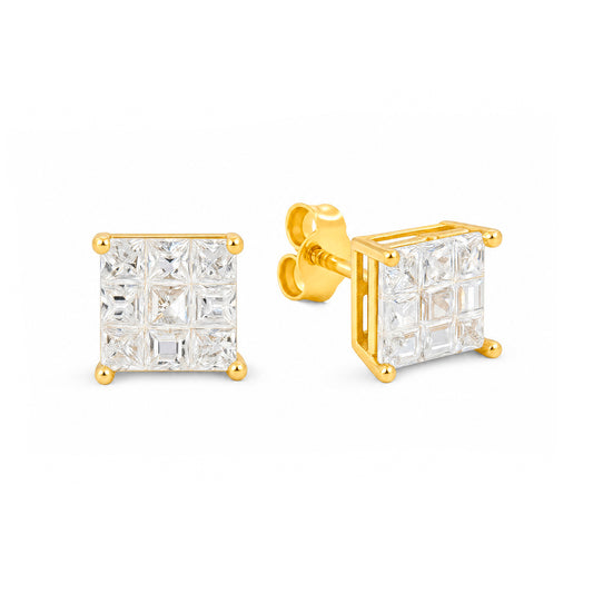 14K Yellow Gold 6MM White Waffle CZ Stud Pushback Earrings