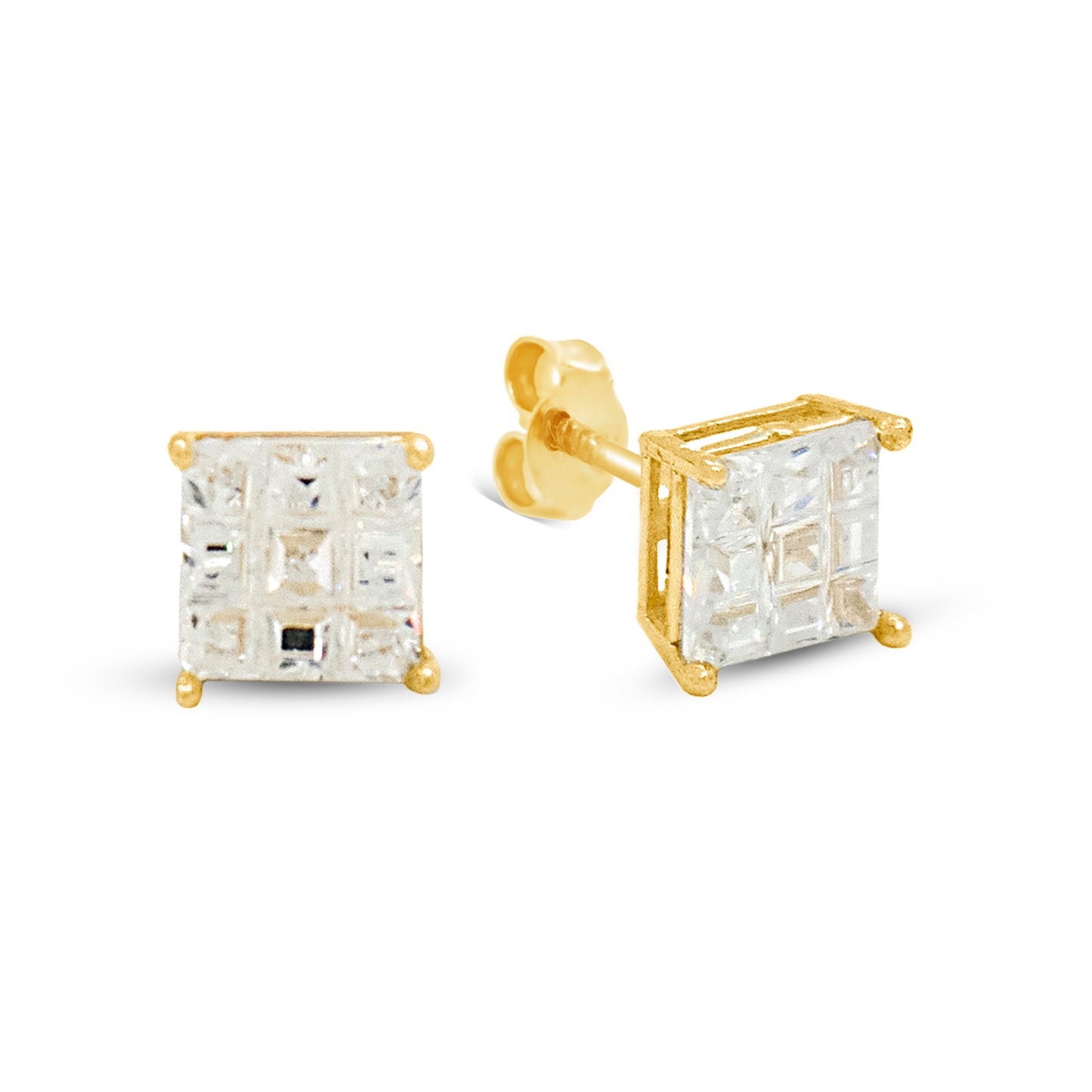 14K Yellow Gold 6MM White Waffle CZ Stud Pushback Earrings