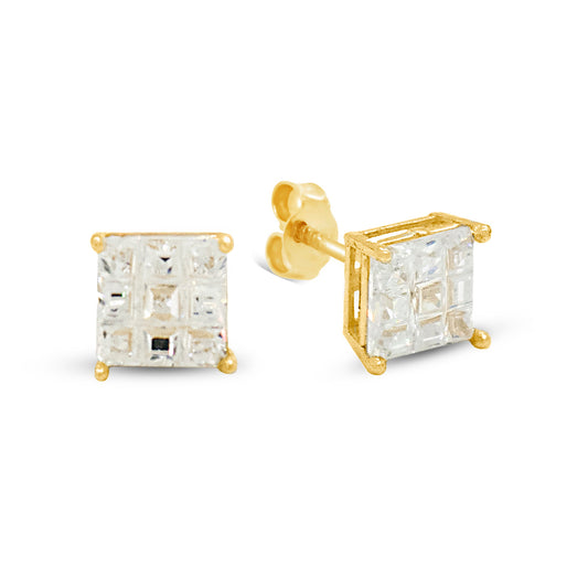 14K Yellow Gold 6MM White Waffle CZ Stud Pushback Earrings