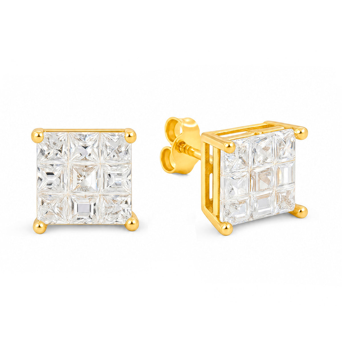 14K Yellow Gold 8MM White Waffle CZ Stud Pushback Earrings
