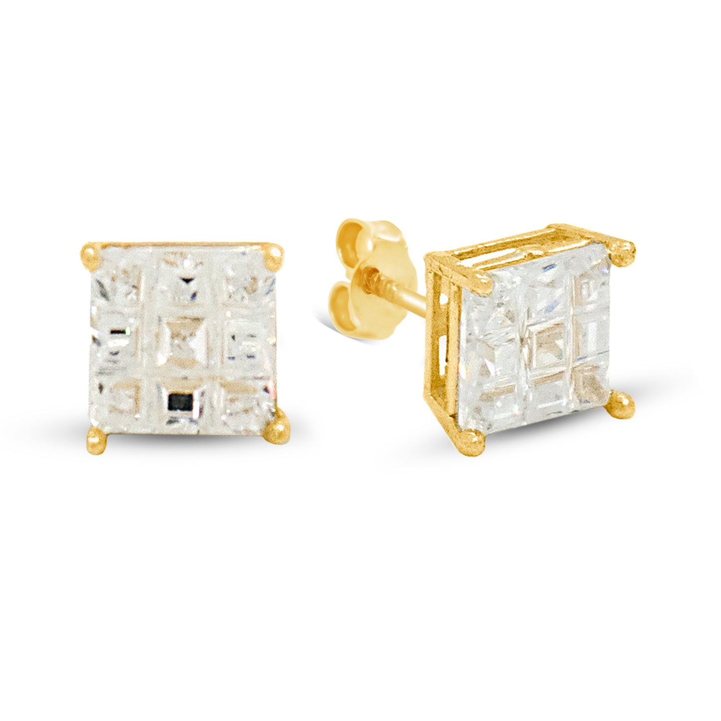 14K Yellow Gold 8MM White Waffle CZ Stud Pushback Earrings
